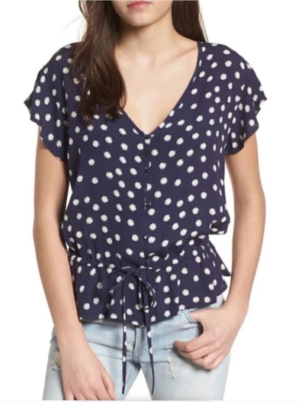 RAILS Bretton Navy Daisies Top Size Medium Lightweight Short Flutter Sleeves